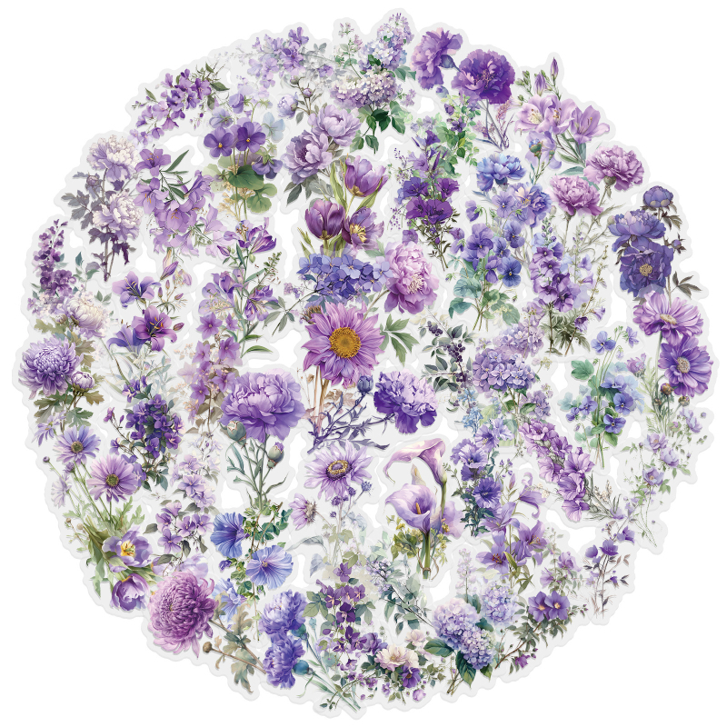 Határokon átnyúló 50 lila virágos PET vízálló átlátszó matrica DIY üvegből készült kívánságpalack mobiltelefon tok kreatív kézifiók