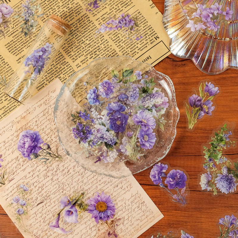 Határokon átnyúló 50 lila virágos PET vízálló átlátszó matrica DIY üvegből készült kívánságpalack mobiltelefon tok kreatív kézifiók