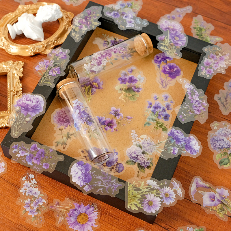 Határokon átnyúló 50 lila virágos PET vízálló átlátszó matrica DIY üvegből készült kívánságpalack mobiltelefon tok kreatív kézifiók