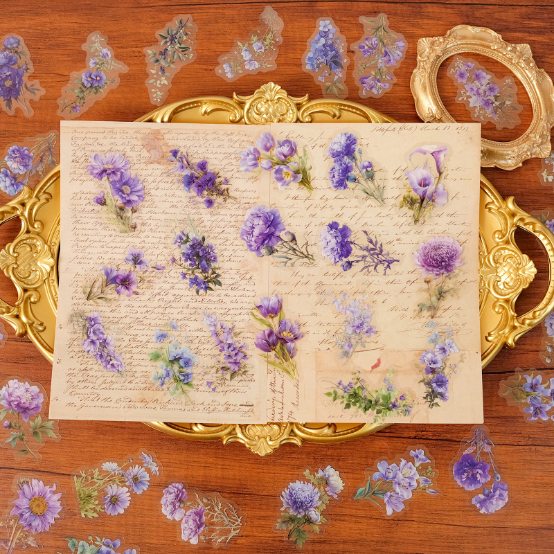 Határokon átnyúló 50 lila virágos PET vízálló átlátszó matrica DIY üvegből készült kívánságpalack mobiltelefon tok kreatív kézifiók