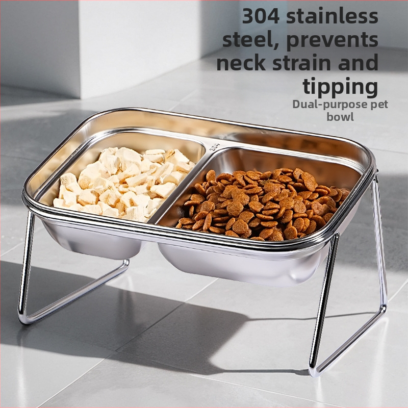 Új 304 rozsdamentes acél macskatál dupla tál eledel víz integrált macskatál nyakvédelemmel kopogásgátló állateledel nagykereskedelem