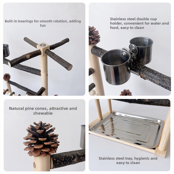 Μεγάλη διαδραστική βάση εκπαίδευσης παπαγάλων, ξύλινη σκάλα για παπαγάλους, κλαδί, περιστρεφόμενη βάση πουλιών, συνδυαστική βάση με στύλους