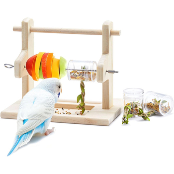 Papagoi täispuidust söödajaama riiul, küüniste jahvatamine, noka hammustusekindel jaamavarras, akrüülist läbipaistev toidukarp, lõbus papagoi mänguasi
