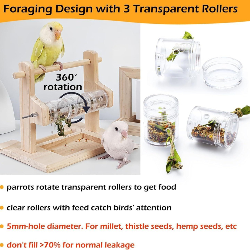 Papagoi täispuidust söödajaama riiul, küüniste jahvatamine, noka hammustusekindel jaamavarras, akrüülist läbipaistev toidukarp, lõbus papagoi mänguasi