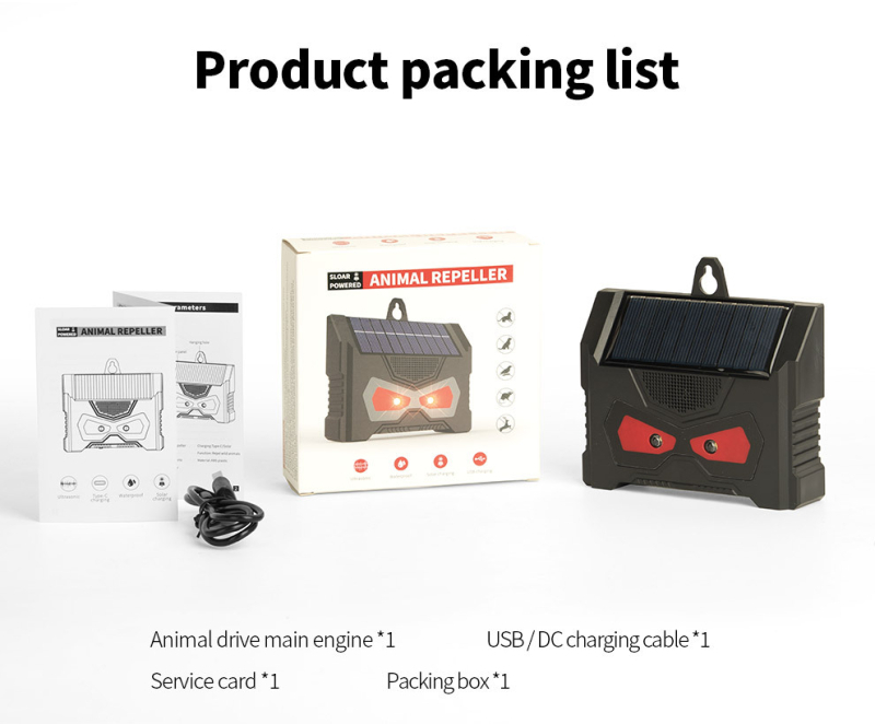 Tarptautinis, karštai parduodamas saulės energija varomas gyvūnų atbaidiklis, lauko vandeniui atsparus ultragarsinis paukščių atbaidiklis, raudonas ir baltas blykstės pelių atbaidiklis