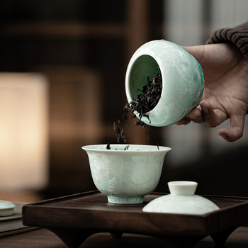 Πράσινο βάζο τσαγιού με στρογγυλή κοιλιά από παγωμένο πράσινο κεραμικό βάζο οικιακής χρήσης τσαγιού αποθήκη τσαγιού σφραγισμένο βάζο αποθήκευσης σετ τσαγιού αξεσουάρ βάζο αποθήκευσης