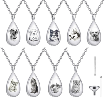 Ārējās tirdzniecības jauna ūdens piliena nerūsējošā tērauda smaržu pudeles kaklarota, pelnu lādītes piemiņas kulons ar ķēdes pelnu lādītes burku