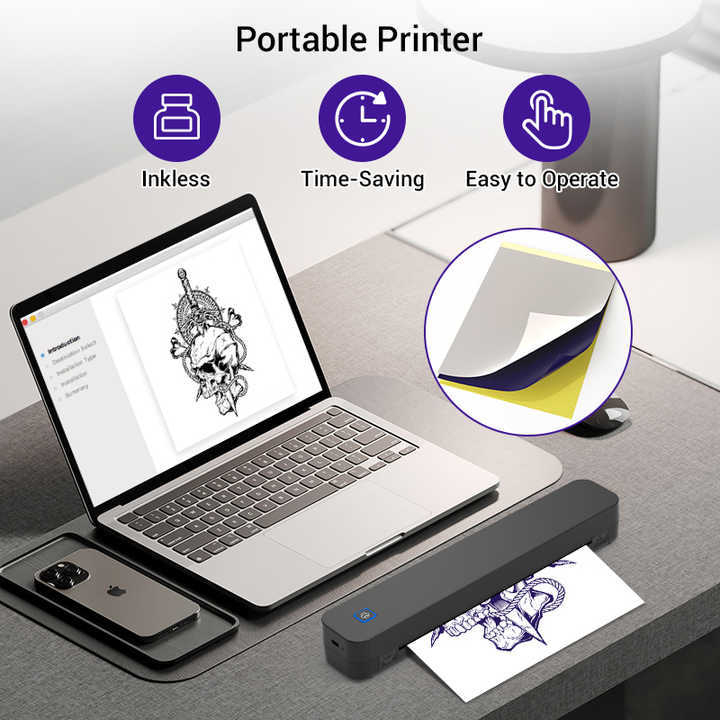 Piiriülene kuumalt müüdav tätoveeringute A4-formaadis termoprinter koduseks kasutamiseks, mini kaasaskantav Bluetooth-tindita õpilaskontori printer