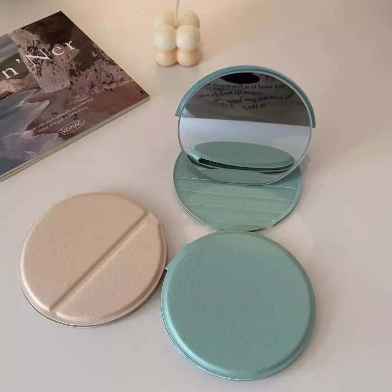 Кожено мини преносимо малко огледало за грим, вертикално малко кръгло огледало, многоцветно персонализируемо лого, необходимо за пътуване