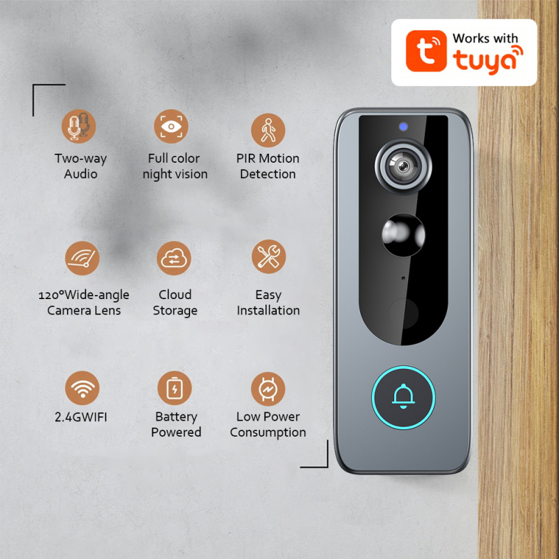 Uus Tuya nutikas juhtmevaba uksekell kodule Tuya täisvärviline öise nägemisega WiFi uksekell kahesuunaline intercom video uksekell