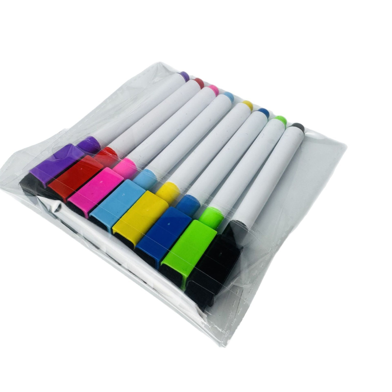 8 spalvotų maišeliuose esančių baltos lentos rašiklių su magnetine juostele, teptuku, spalvotų juodų žymeklių rinkinys, vandens pagrindu ištrinamas baltos lentos rašiklis