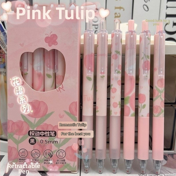 Ροζ Τουλίπα Υψηλής Χρωματικής Αξίας Στυλό Wind Push 0.5st Γρήγορο Στυλό με Πινέλο για Κορίτσια, Μαθητές, Στυλό Gel, Μαύρο Στυλό