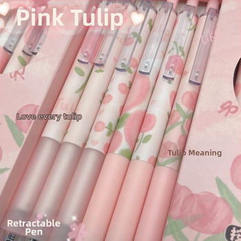 Ροζ Τουλίπα Υψηλής Χρωματικής Αξίας Στυλό Wind Push 0.5st Γρήγορο Στυλό με Πινέλο για Κορίτσια, Μαθητές, Στυλό Gel, Μαύρο Στυλό