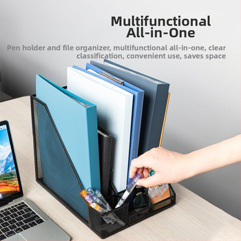 Deli 78987 тройна метална мрежеста рамка за файлове, етажерка за книги, настолен държач за файлове с три решетки и държач за химикалки, офис кабинет