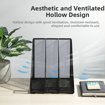 Deli 78987 тройна метална мрежеста рамка за файлове, етажерка за книги, настолен държач за файлове с три решетки и държач за химикалки, офис кабинет