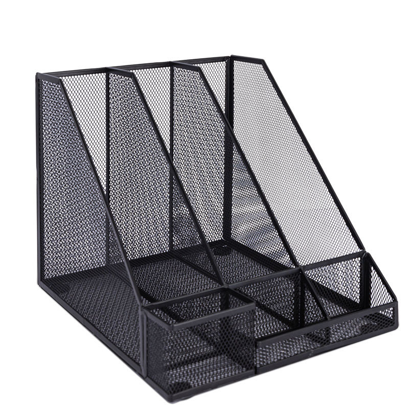 Deli 78987 тройна метална мрежеста рамка за файлове, етажерка за книги, настолен държач за файлове с три решетки и държач за химикалки, офис кабинет