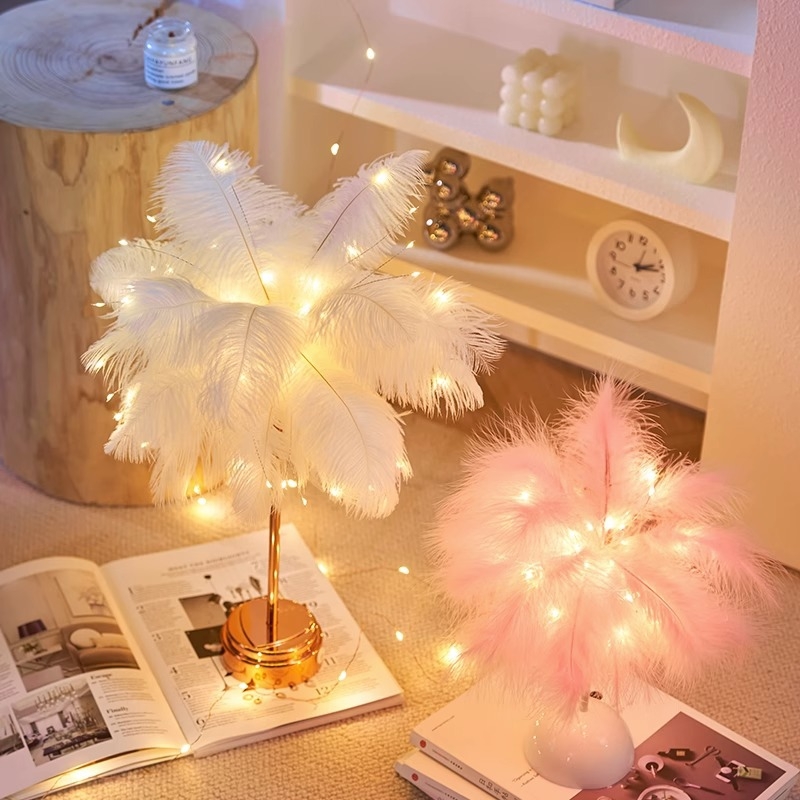 Plunksnų stalinė lempa mergaitės kambaryje miegamajame naktinis baras KTV pieno arbatos parduotuvė Šiaurės šalių stručio plunksnų studija interneto įžymybė