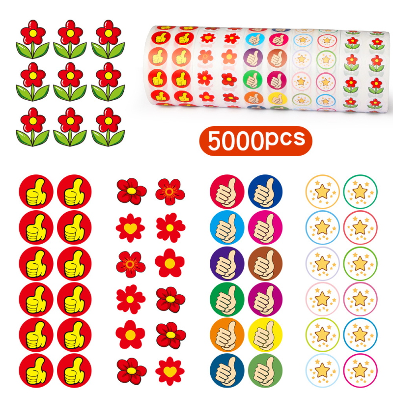 5000 Ft/tekercs, inspiráló felfele mutató hüvelykujj bónusz matrica, 1,5 cm-es kis piros virágcsillag matrica