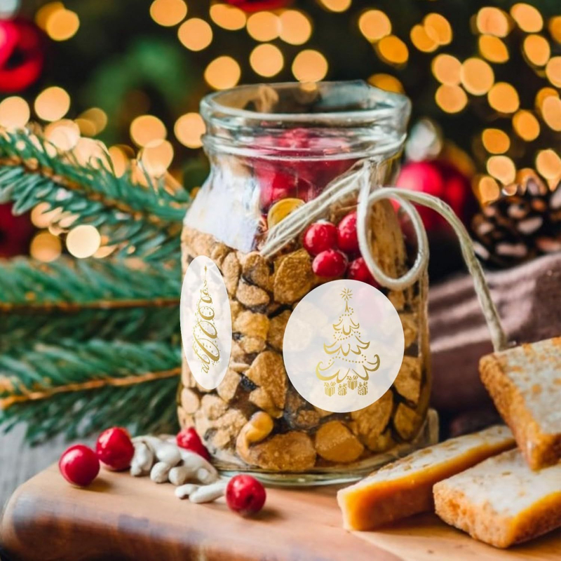 500 tk läbipaistvaid jõulukleebiseid, rullkuldfooliumist rõõmsat jõulupuu pitseri kleebist, isekleepuv silt, ümbrik, kutsekaart, kingitus