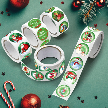 1000 db, 2,5 cm-es, karácsonyi ünnepi matrica, zöld karácsonyi témájú, Mikulás karácsonyi hóember