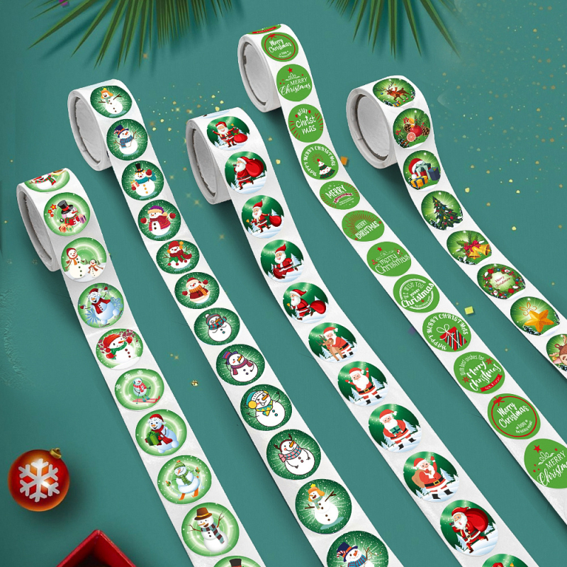 1000 db, 2,5 cm-es, karácsonyi ünnepi matrica, zöld karácsonyi témájú, Mikulás karácsonyi hóember