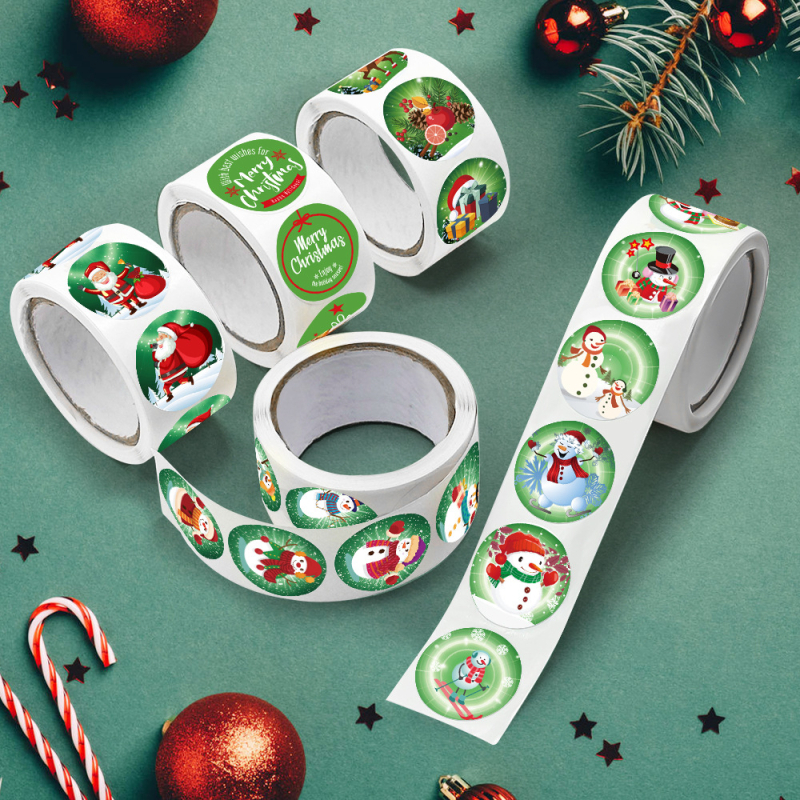 1000 db, 2,5 cm-es, karácsonyi ünnepi matrica, zöld karácsonyi témájú, Mikulás karácsonyi hóember