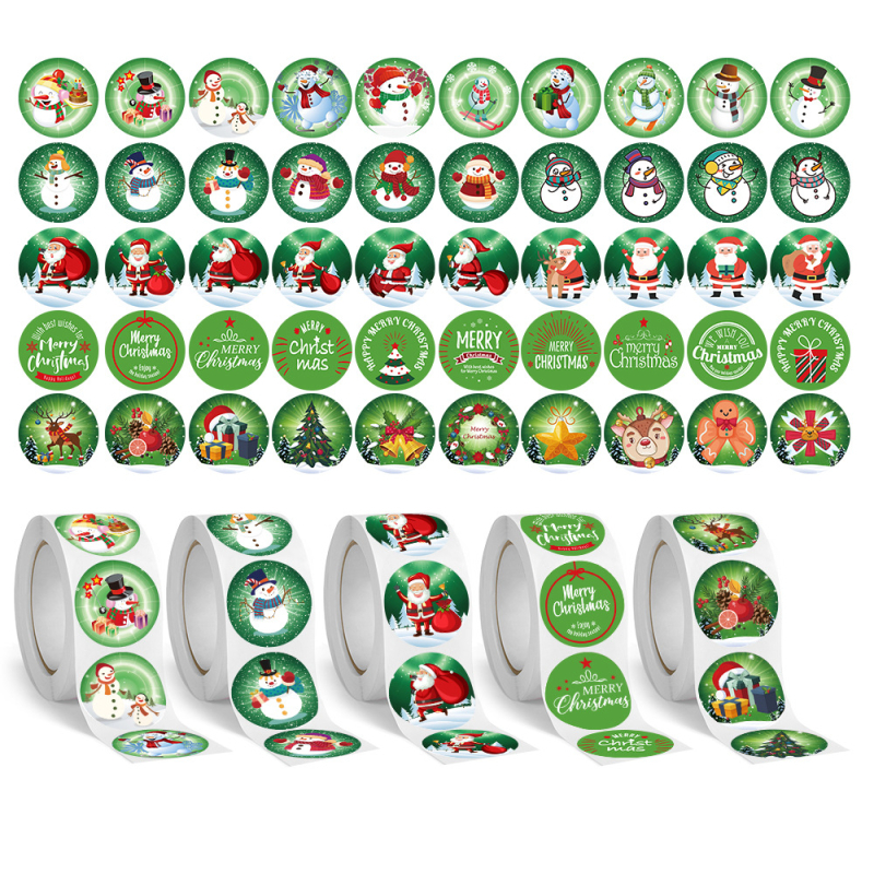 1000 db, 2,5 cm-es, karácsonyi ünnepi matrica, zöld karácsonyi témájú, Mikulás karácsonyi hóember