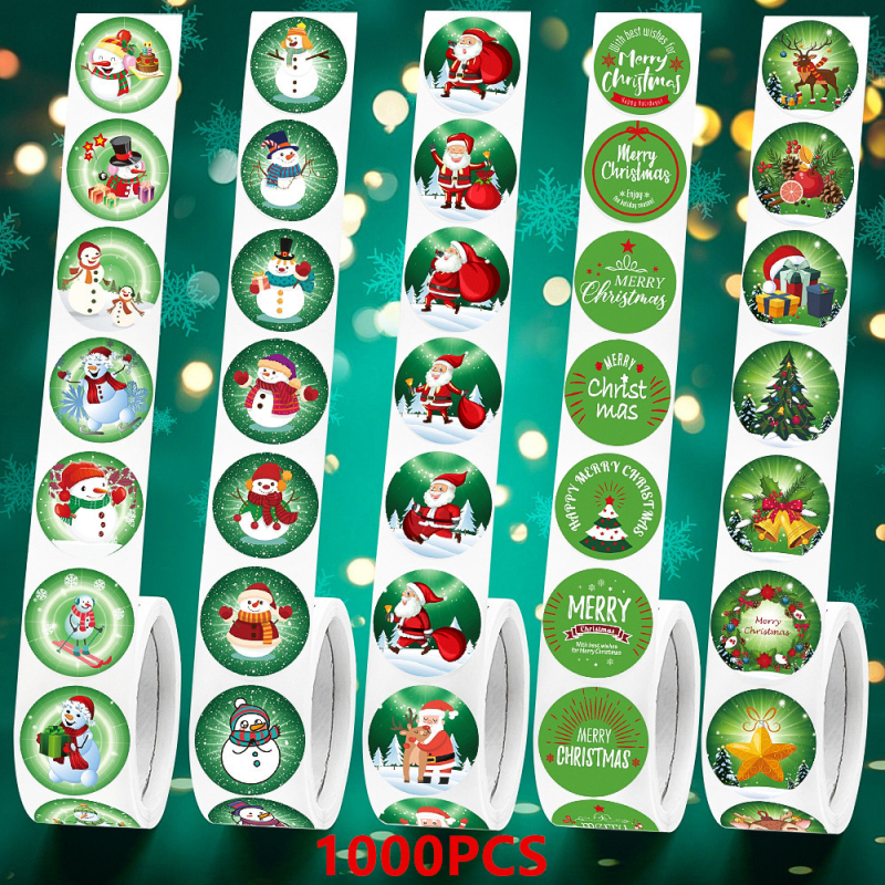 1000 db, 2,5 cm-es, karácsonyi ünnepi matrica, zöld karácsonyi témájú, Mikulás karácsonyi hóember