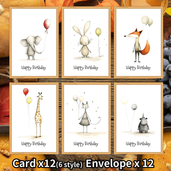 12 komplekti armsaid loomakujulisi õhupalle, käsitsi kirjutatud tühje sünnipäevakaarte, õnnistuskaarte, tänukaarte, kutseid, pühadekingitusi