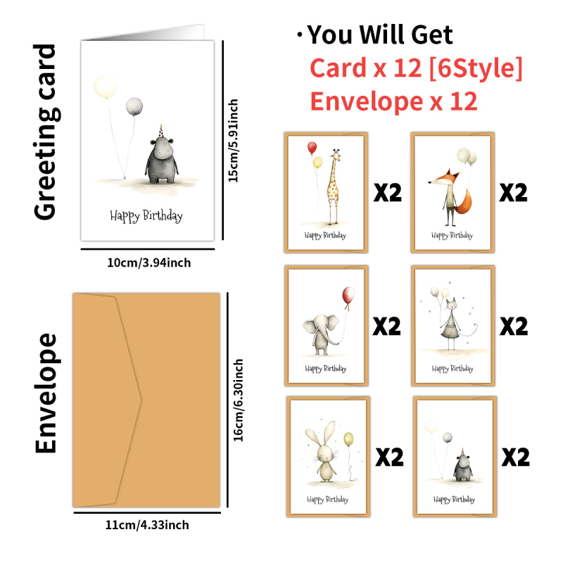 12 komplekti armsaid loomakujulisi õhupalle, käsitsi kirjutatud tühje sünnipäevakaarte, õnnistuskaarte, tänukaarte, kutseid, pühadekingitusi