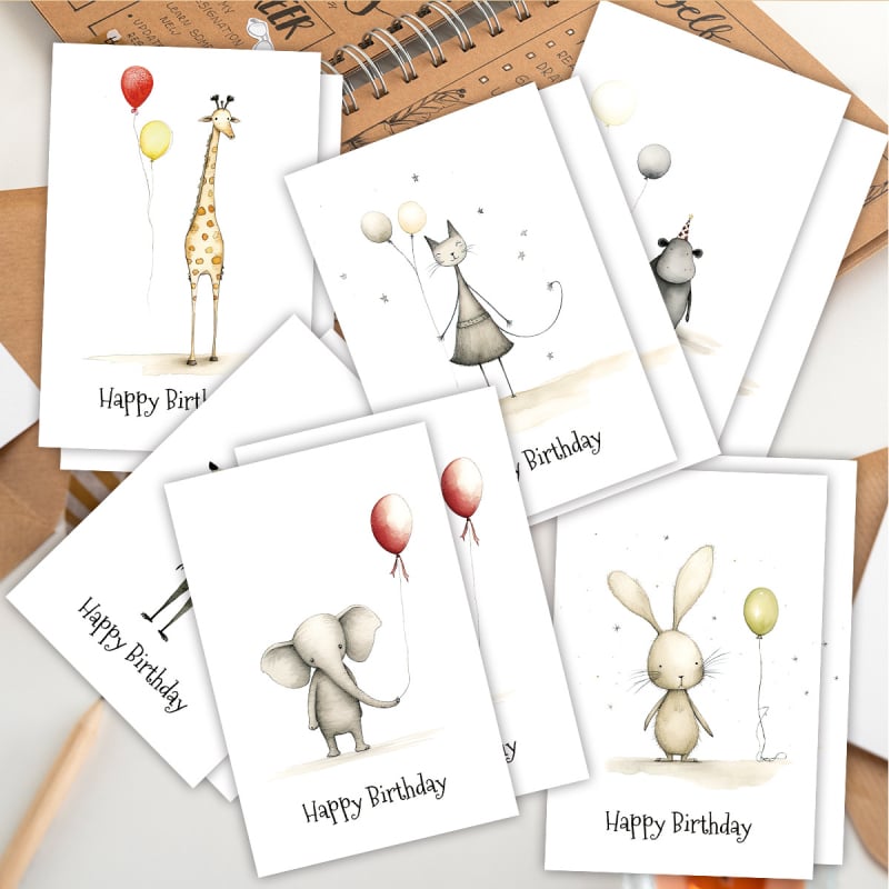 12 komplekti armsaid loomakujulisi õhupalle, käsitsi kirjutatud tühje sünnipäevakaarte, õnnistuskaarte, tänukaarte, kutseid, pühadekingitusi