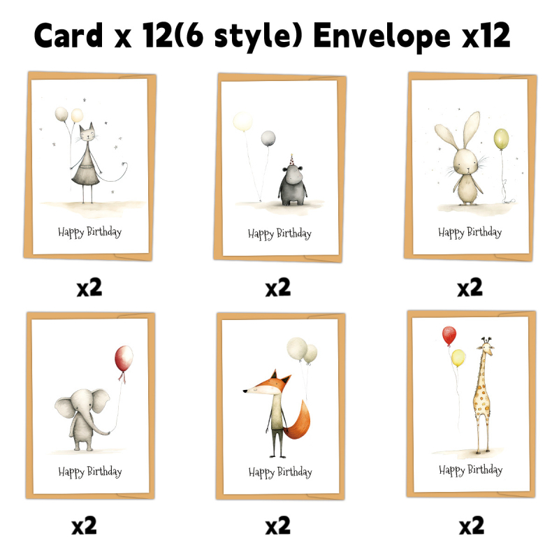 12 komplekti armsaid loomakujulisi õhupalle, käsitsi kirjutatud tühje sünnipäevakaarte, õnnistuskaarte, tänukaarte, kutseid, pühadekingitusi