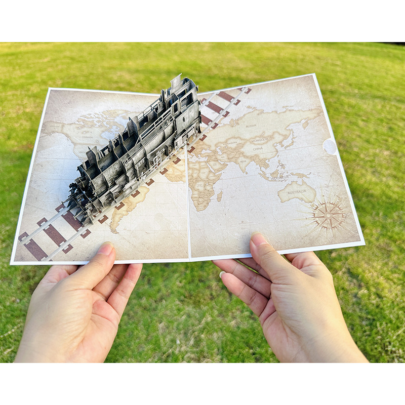 Käsitsi valmistatud retro rongi 3D õnnitluskaart piiriülene isadepäeva õnnistuspaberist nikerdussõnumiga õnnistuskaardi ülikonna kingitus