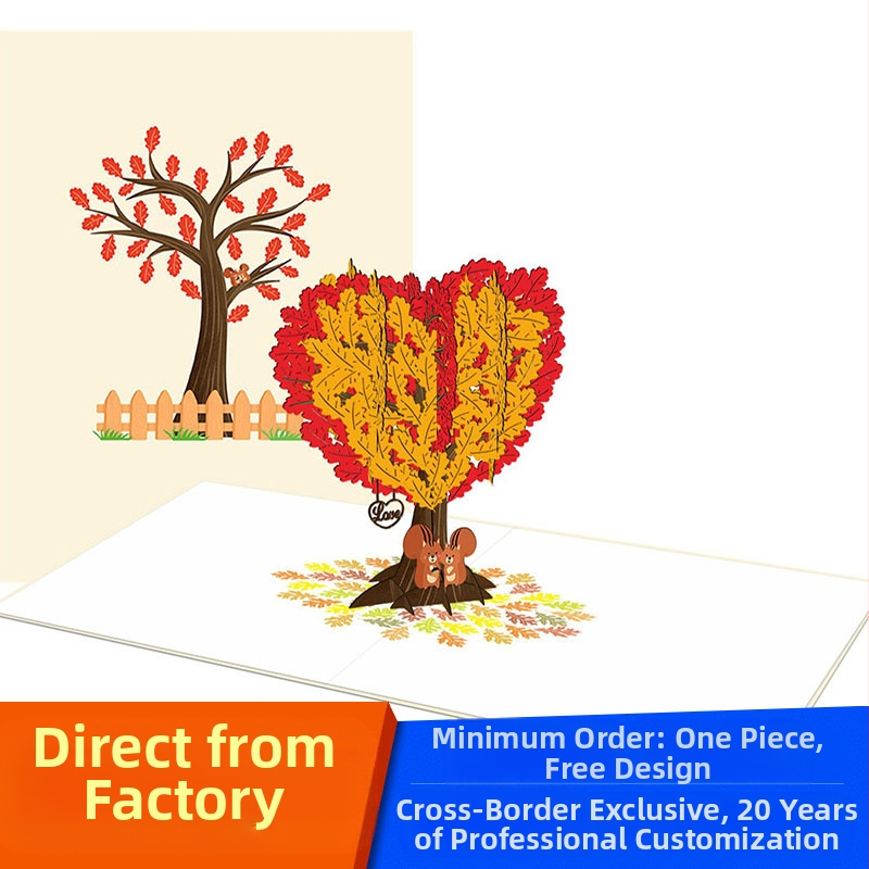 Tarpvalstybinis Valentino dienos sveikinimo atvirukas, 3D iššokantis voverės poros širdies medžio stereo sveikinimo atvirukas, vestuvių metinių atvirukas