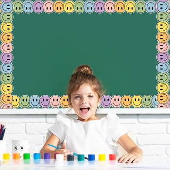 Határokon átnyúló, akciós, bohém stílusú, színes, mosolygós arcú hirdetőtábla, szegélydekoratív matrica, öntapadós, feltekerhető matrica