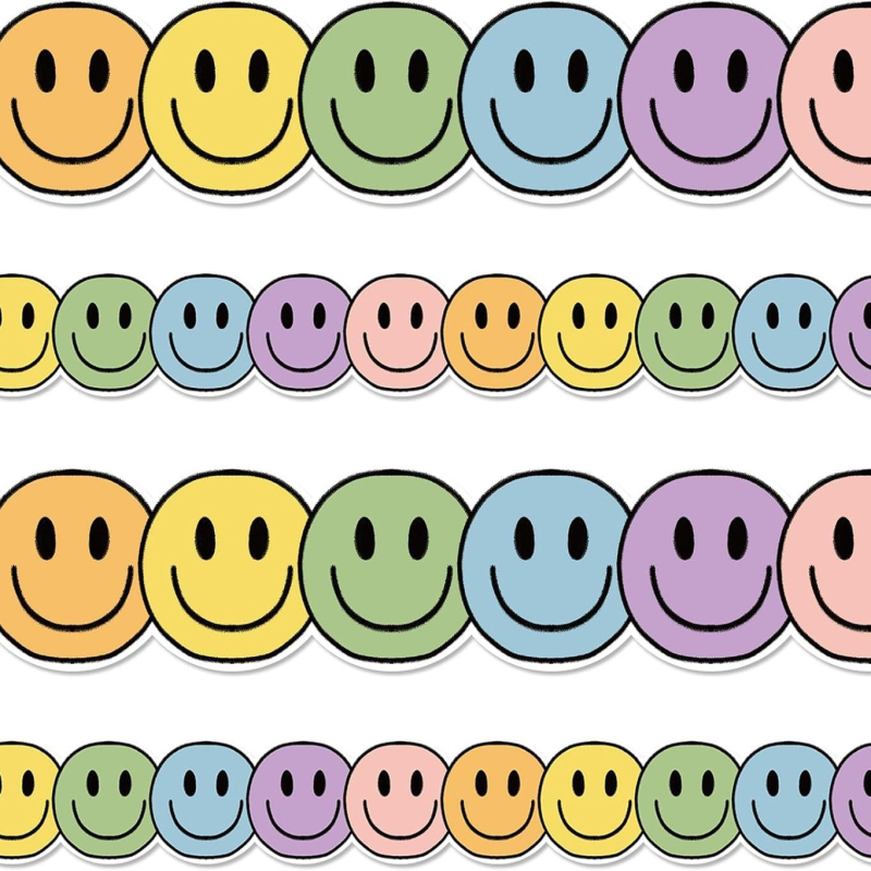 Határokon átnyúló, akciós, bohém stílusú, színes, mosolygós arcú hirdetőtábla, szegélydekoratív matrica, öntapadós, feltekerhető matrica