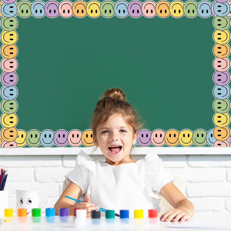 Határokon átnyúló, akciós, bohém stílusú, színes, mosolygós arcú hirdetőtábla, szegélydekoratív matrica, öntapadós, feltekerhető matrica