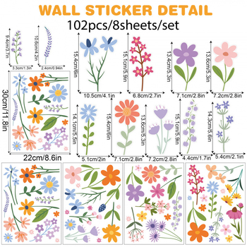 8 αυτοκόλλητα τοίχου με ανοιξιάτικα λουλούδια, χαριτωμένα, απλά, ποιμενικά, αυτοκόλλητα διακόσμησης σπιτιού, σαλόνι, υπνοδωμάτιο, αυτοκόλλητα με διασυνοριακό περίγραμμα