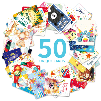Uus toode 50 ingliskeelset palju õnne sünnipäevaks mõeldud õnnistustekstikaarti. Armsad väikesed koomiksikaardid kirjutatava tagaküljega. Hulgimüük.
