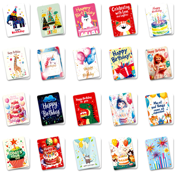 Uus toode 50 ingliskeelset palju õnne sünnipäevaks mõeldud õnnistustekstikaarti. Armsad väikesed koomiksikaardid kirjutatava tagaküljega. Hulgimüük.