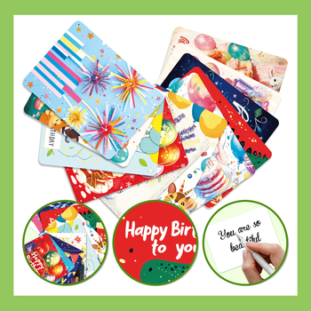 Uus toode 50 ingliskeelset palju õnne sünnipäevaks mõeldud õnnistustekstikaarti. Armsad väikesed koomiksikaardid kirjutatava tagaküljega. Hulgimüük.