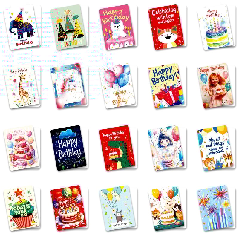 Uus toode 50 ingliskeelset palju õnne sünnipäevaks mõeldud õnnistustekstikaarti. Armsad väikesed koomiksikaardid kirjutatava tagaküljega. Hulgimüük.