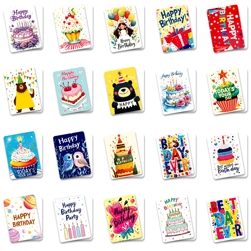 Uus toode 50 ingliskeelset palju õnne sünnipäevaks mõeldud õnnistustekstikaarti. Armsad väikesed koomiksikaardid kirjutatava tagaküljega. Hulgimüük.