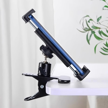 Fém, erős, csipeszes, dönthető/panorámás asztali mobiltelefon-tartó rögzítő tartozékok, csipeszes talp, 17,4 mm-es dupla gömbfejjel, dönthető/panorámás