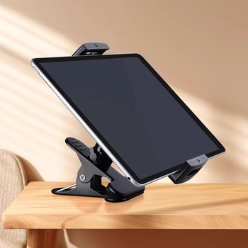 Fém, erős, csipeszes, dönthető/panorámás asztali mobiltelefon-tartó rögzítő tartozékok, csipeszes talp, 17,4 mm-es dupla gömbfejjel, dönthető/panorámás