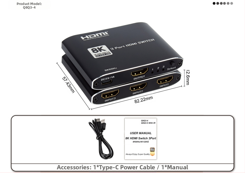 2025. aasta uus toode HDMI2.1 3X1 lülitiga alumiiniumisulamist üliõhuke mudel Ir 8K@60Hz-ga