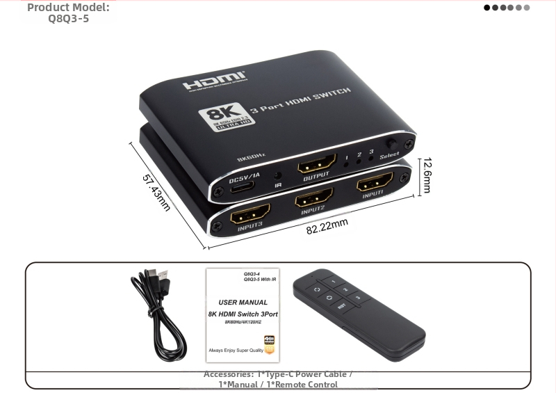 2025. aasta uus toode HDMI2.1 3X1 lülitiga alumiiniumisulamist üliõhuke mudel Ir 8K@60Hz-ga