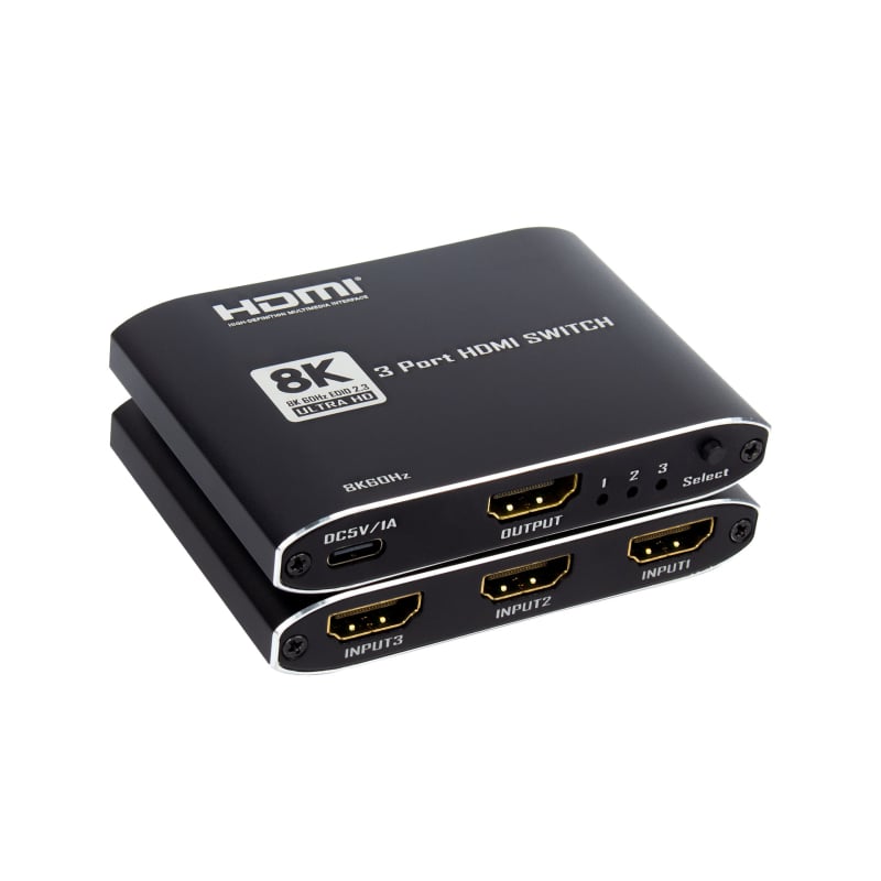 2025 Нов продукт HDMI2.1 3X1 превключвател от алуминиева сплав, ултратънък модел с Ir 8K@60Hz