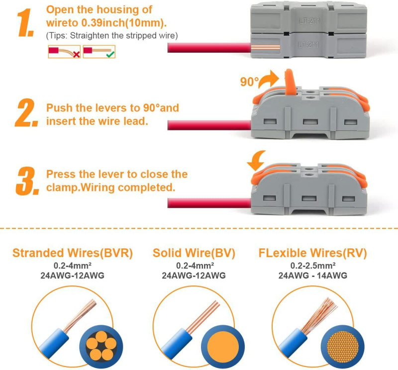 34 броя кабелни конектори за бързо свързване, мини кутия с 1 вход и изход