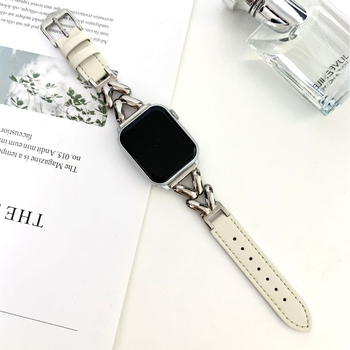 Подходящ за Apple Watch 678910 Leaves Metal Spelling Leather Watch Band и iWatch SE Wrist Band.